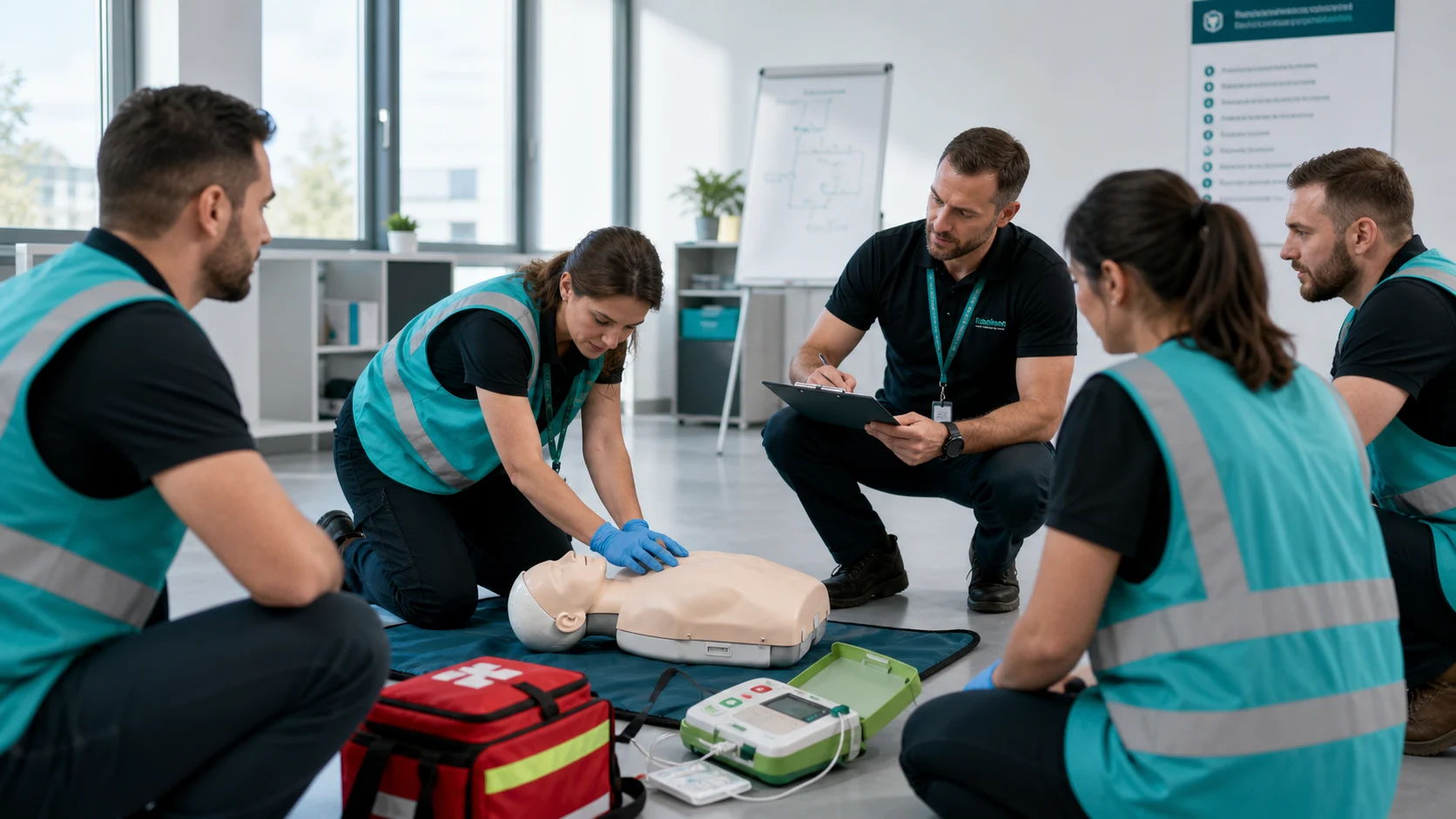 Recyclage MAC SST avec groupe d'apprenants, mannequin et matériel de premiers secours.