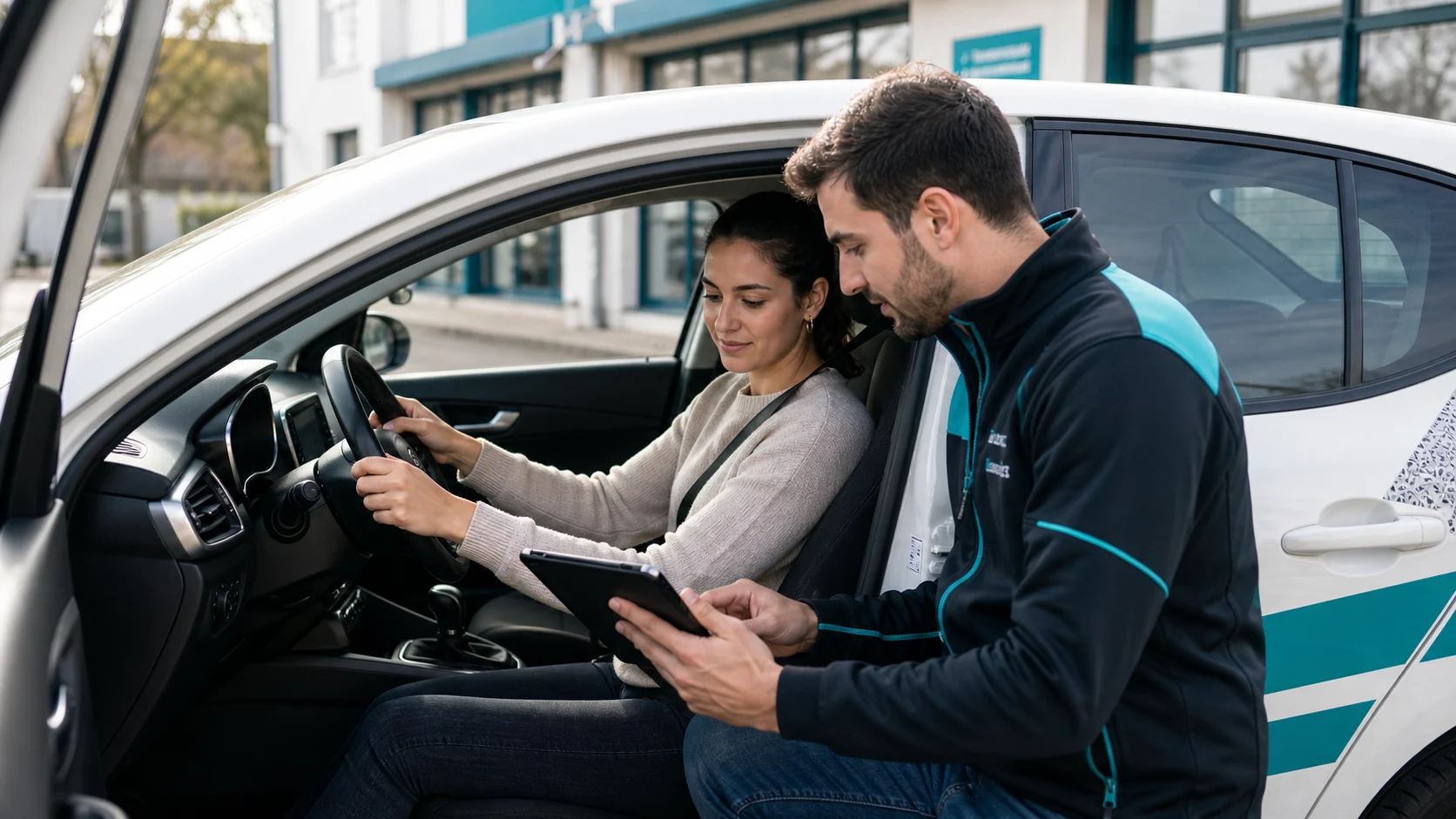 Moniteur et élève révisant une leçon près d'une voiture automatique auto-école.