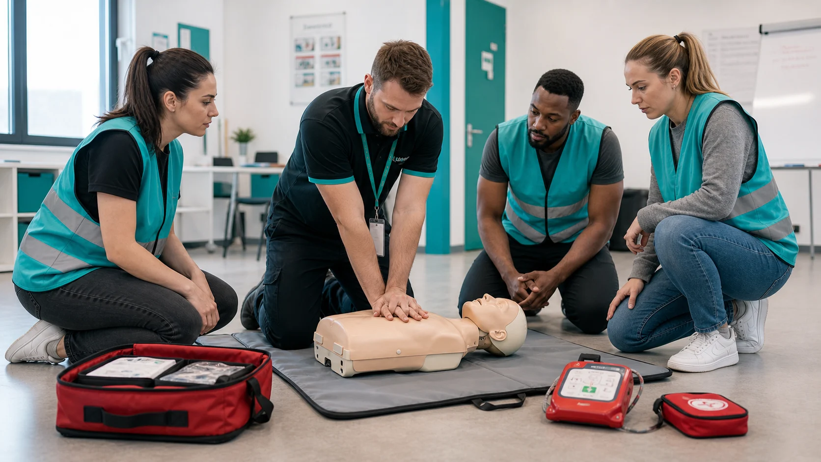 Formation SST initiale avec formateur et apprenants autour d'un mannequin de secourisme.