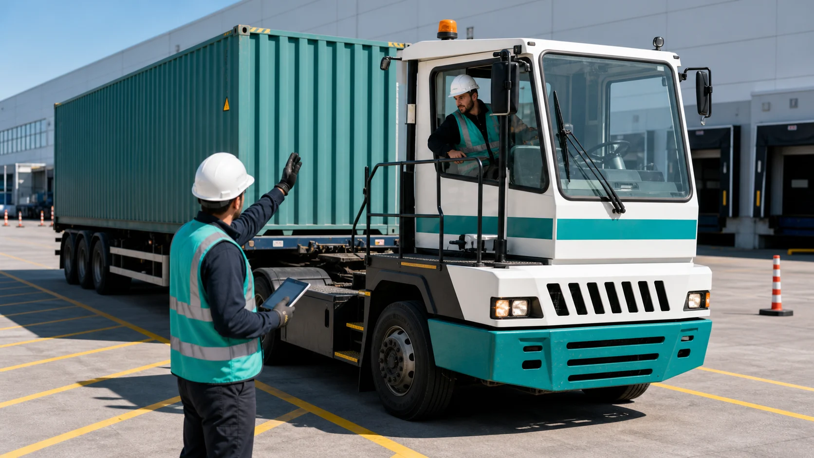 Conducteur en formation sur tracteur de parc dans une zone logistique sécurisée.