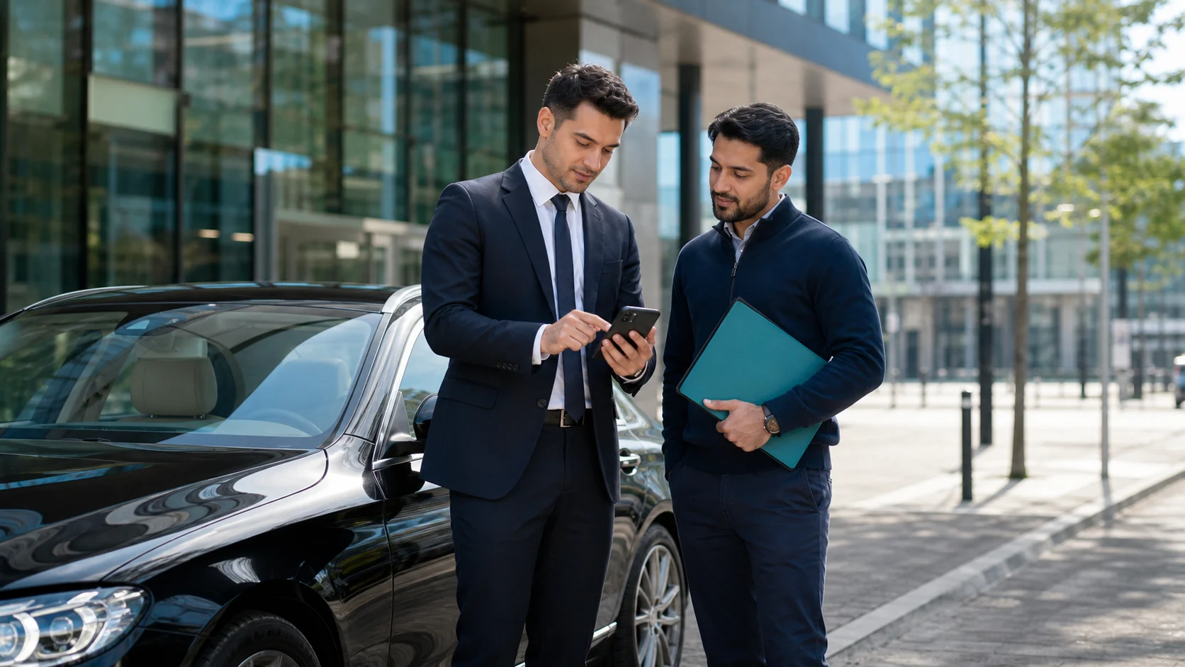 Chauffeur VTC en préparation professionnelle près d'une berline haut de gamme.